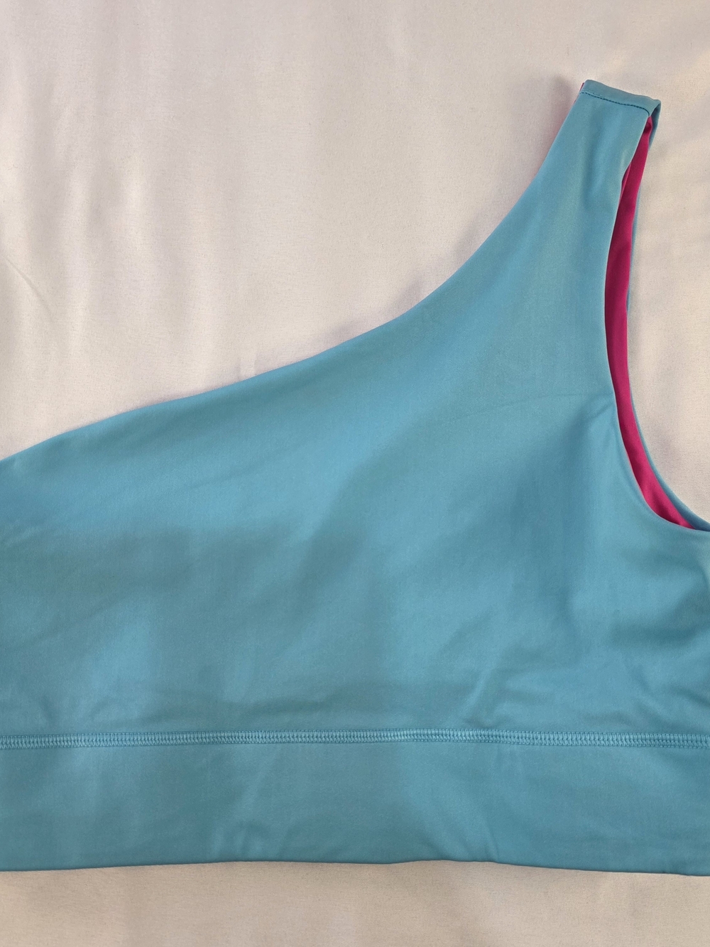 One-Shoulder Athletic Crop Top in Aqua with Pink Lining